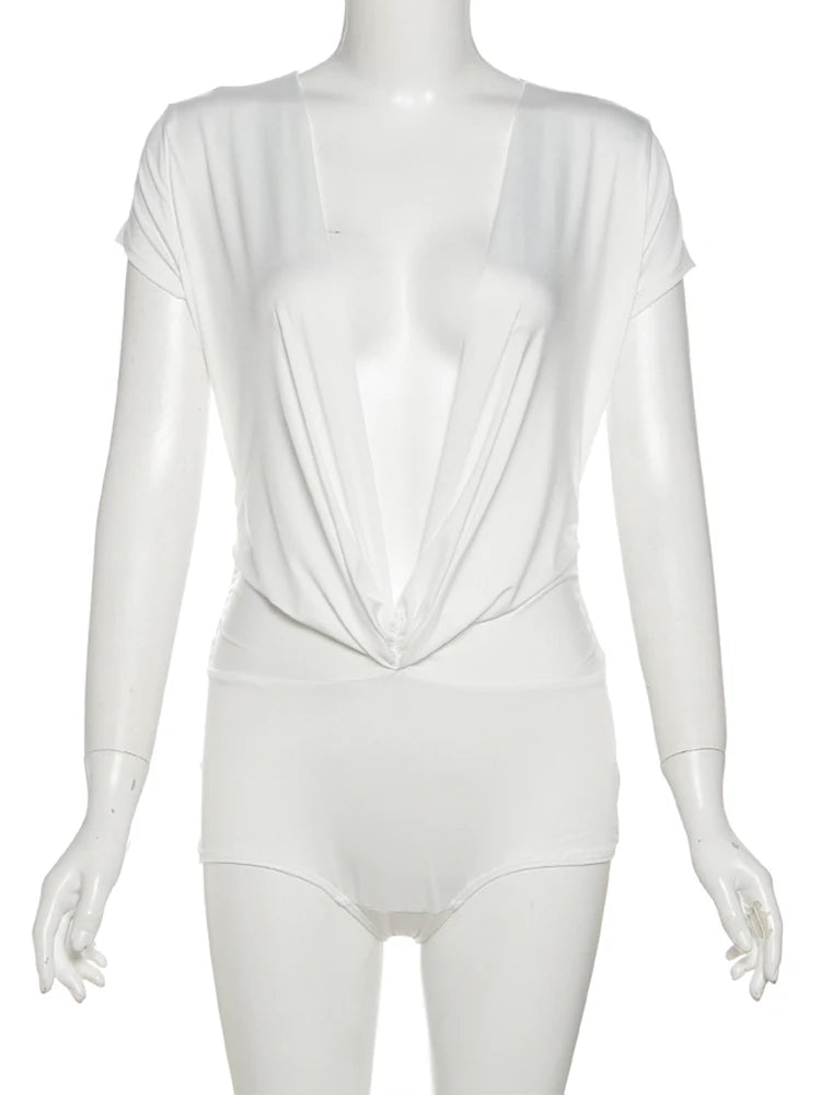 Coquette Shorts Sleeve Deep V-Neck Patchwork Knot Ruched Playsuits