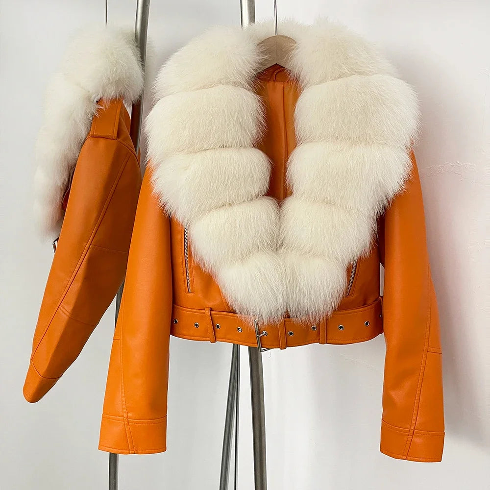 Natural Fox Fur Faux PU Leather Jacket