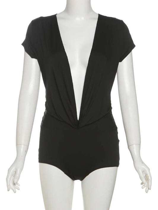 Coquette Shorts Sleeve Deep V-Neck Patchwork Knot Ruched Playsuits