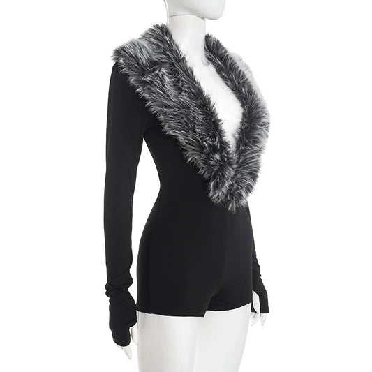 Full Sleeve Fur Deep V Collar Romper Playsuit