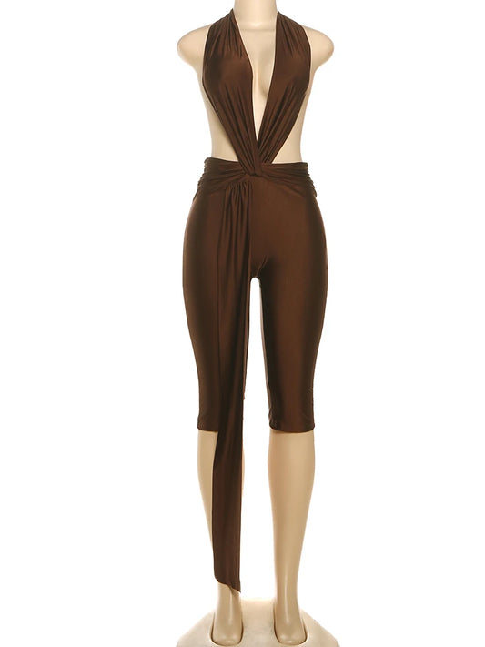 Halter Patchwork Ribbon Sleeveless Elastic Backless Slim Playsuits