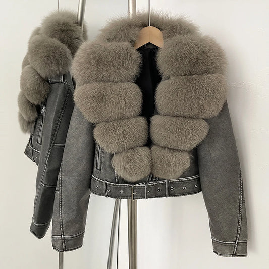Natural Fox Fur Faux PU Leather Jacket